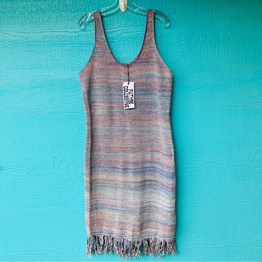 Future Collective Alani Noelle Crochet Fringe Blue Pink MIDI DRESS SIZE 1X NWT